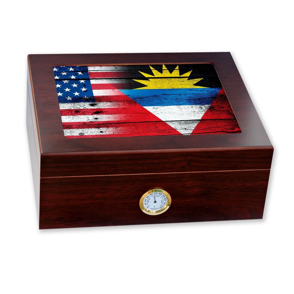 ExpressItBest Premium Desktop Humidor - Glass Top - Flag of Antigua & Barbuda - Wood with USA Flag - Cedar lined with humidifier & front mounted hygrometer.