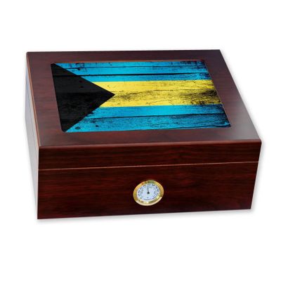 ExpressItBest Premium Desktop Humidor - Glass Top - Flag of Bahamas (Bahamian) - Wood Design - Cedar lined with humidifier & front mounted hygrometer.