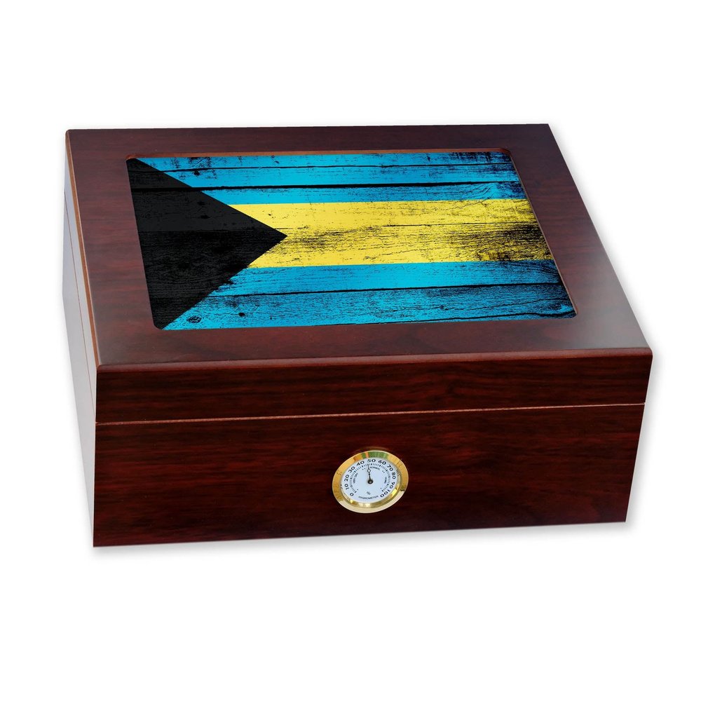 ExpressItBest Premium Desktop Humidor - Glass Top - Flag of Bahamas (Bahamian) - Wood Design - Cedar lined with humidifier & front mounted hygrometer.
