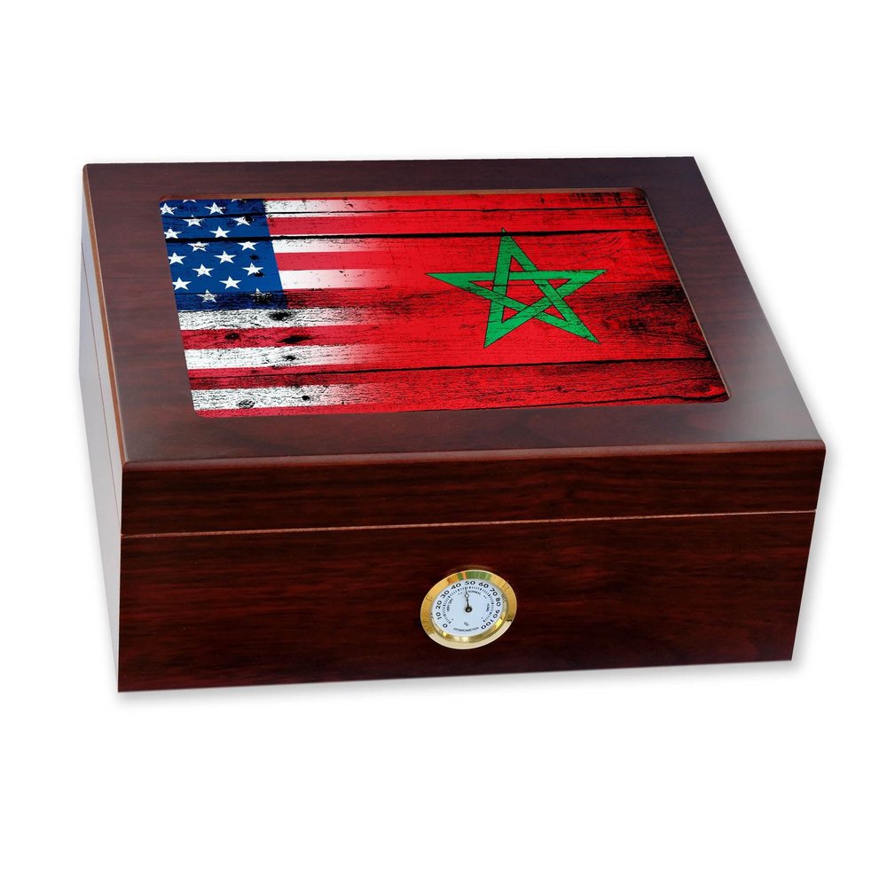 ExpressItBest Premium Desktop Humidor - Glass Top - Flag of Morocco (Moroccan) - Wood with USA Flag - Cedar lined with humidifier & front mounted hygrometer.