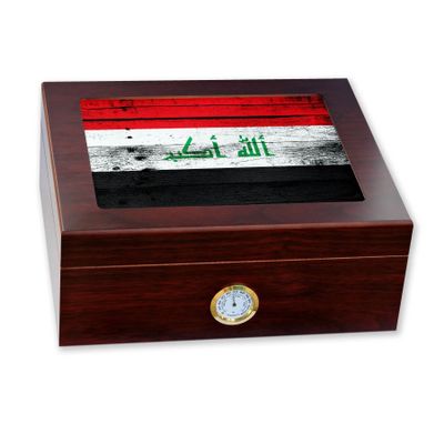 ExpressItBest Premium Desktop Humidor - Glass Top - Flag of Iraq (Iraqi) - Wood Design - Cedar lined with humidifier & front mounted hygrometer.