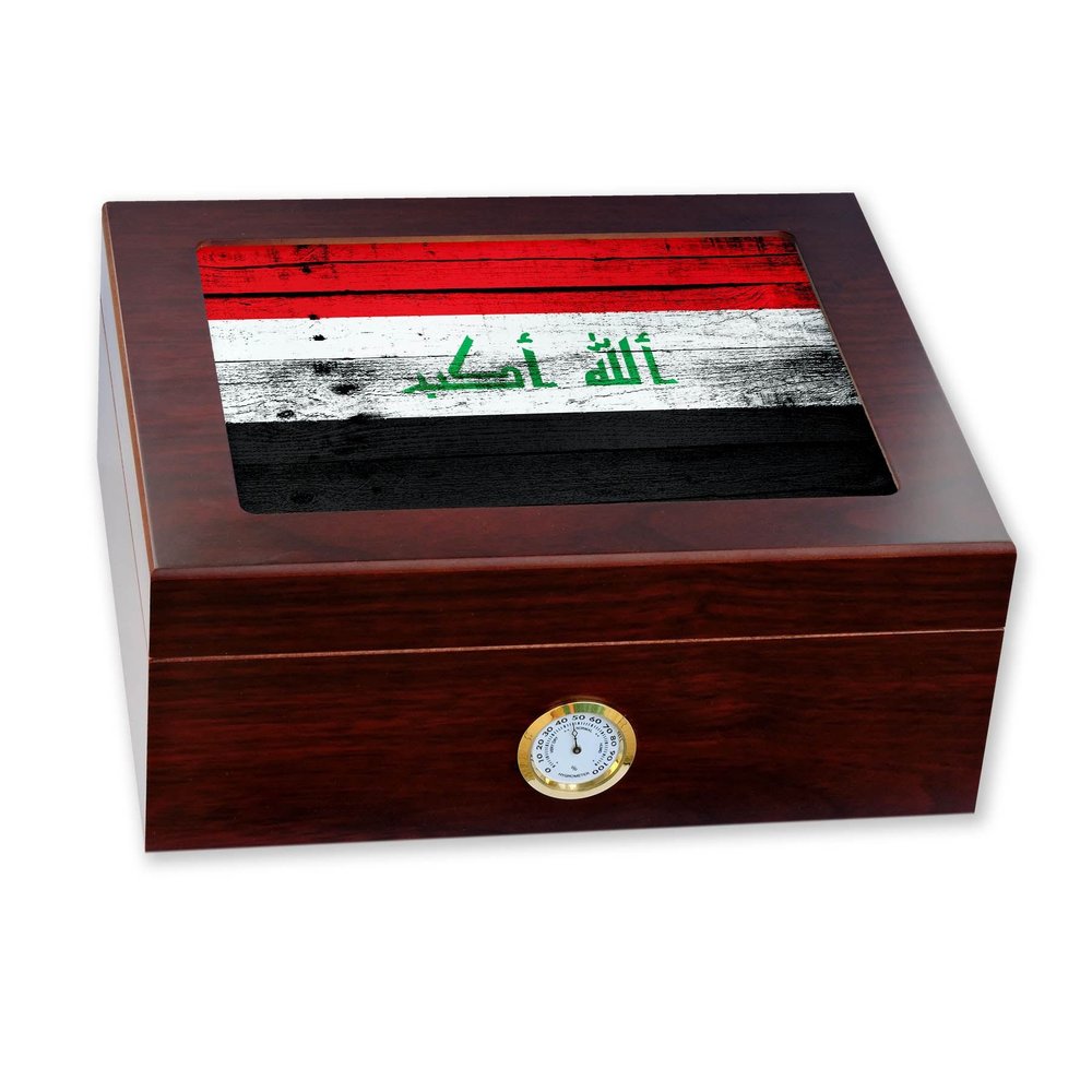 ExpressItBest Premium Desktop Humidor - Glass Top - Flag of Iraq (Iraqi) - Wood Design - Cedar lined with humidifier & front mounted hygrometer.