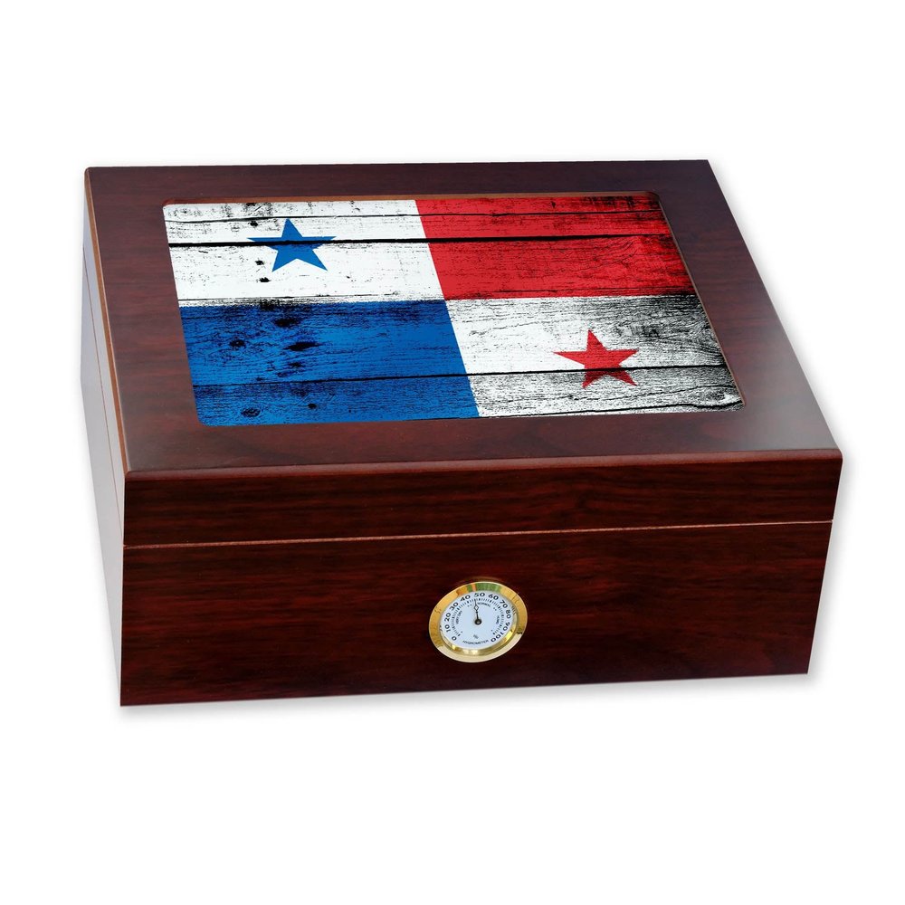 ExpressItBest Premium Desktop Humidor - Glass Top - Flag of Panama (Panamanian) - Wood Design - Cedar lined with humidifier & front mounted hygrometer.