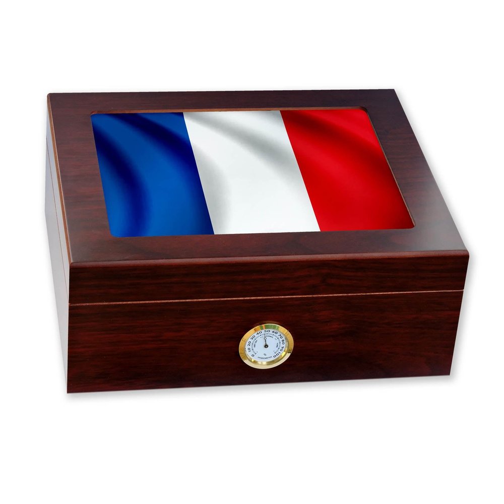 ExpressItBest Premium Desktop Humidor - Glass Top - Flag of France (French) - Waves Design - Cedar lined with humidifier & front mounted hygrometer.