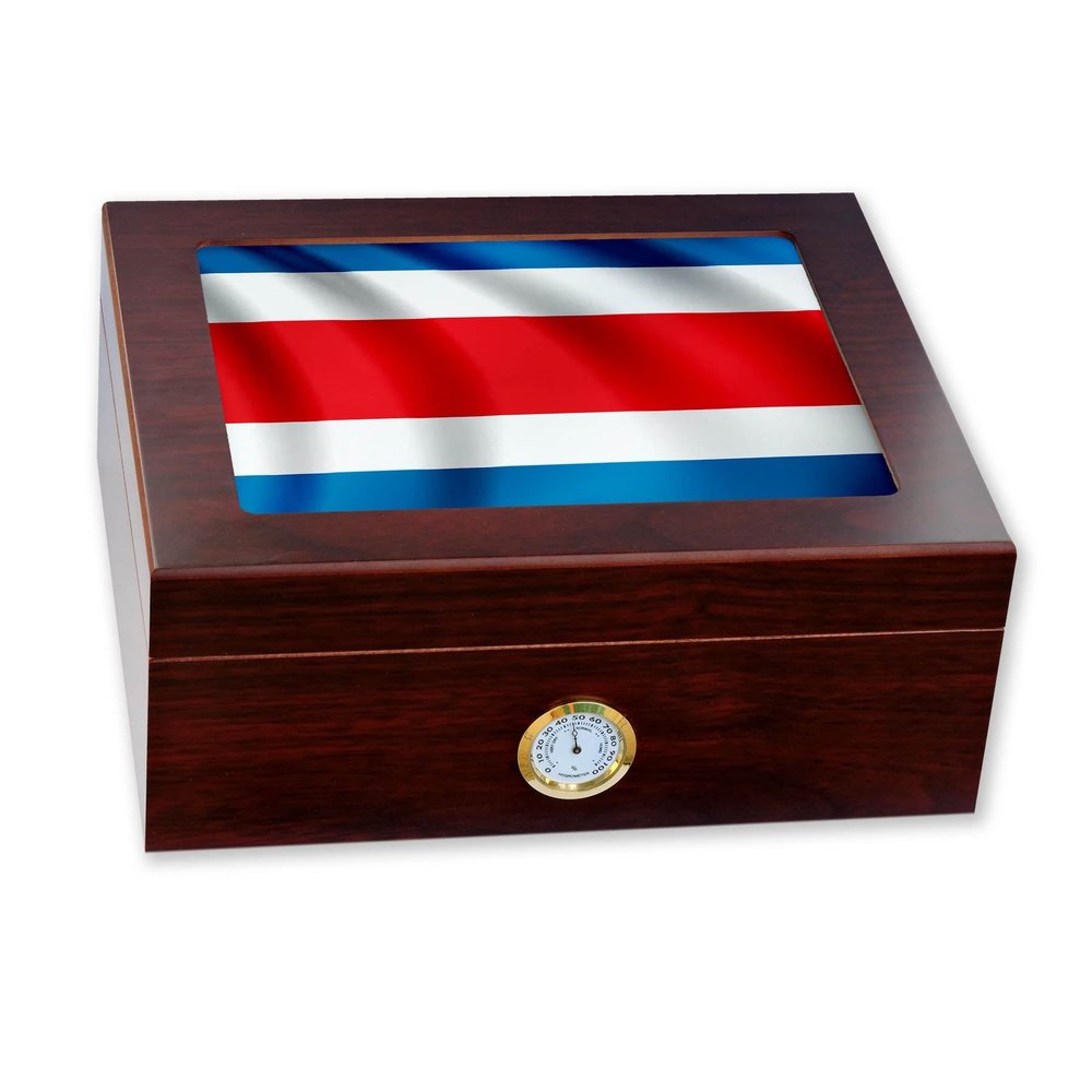 ExpressItBest Premium Desktop Humidor - Glass Top - Flag of Costa Rica (Rican) - Waves Design - Cedar lined with humidifier & front mounted hygrometer.