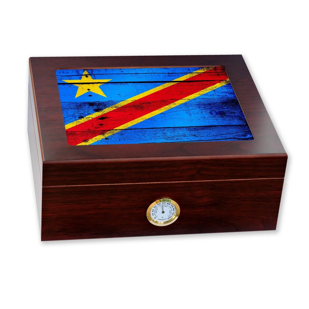 ExpressItBest Premium Desktop Humidor - Glass Top - Flag of Congo (Dem Rep) Congolese - Wood Design - Cedar lined with humidifier & front mounted hygrometer.