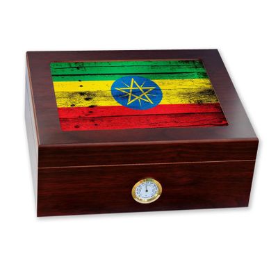 ExpressItBest Premium Desktop Humidor - Glass Top - Flag of Ethiopia (Ethiopian) - Wood Design - Cedar lined with humidifier & front mounted hygrometer.