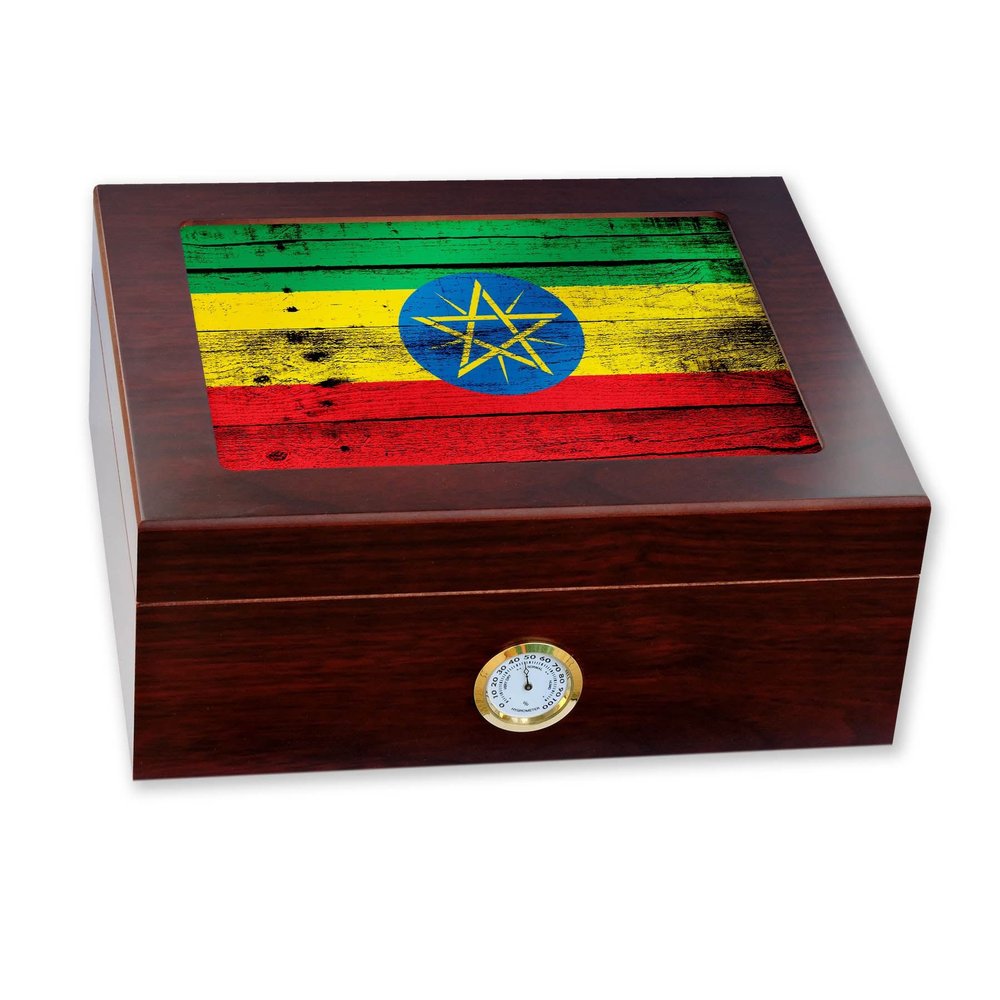 ExpressItBest Premium Desktop Humidor - Glass Top - Flag of Ethiopia (Ethiopian) - Wood Design - Cedar lined with humidifier & front mounted hygrometer.