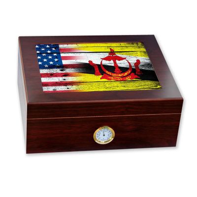 ExpressItBest Premium Desktop Humidor - Glass Top - Flag of Brunei (Bruneian) - Wood with USA Flag - Cedar lined with humidifier & front mounted hygrometer.