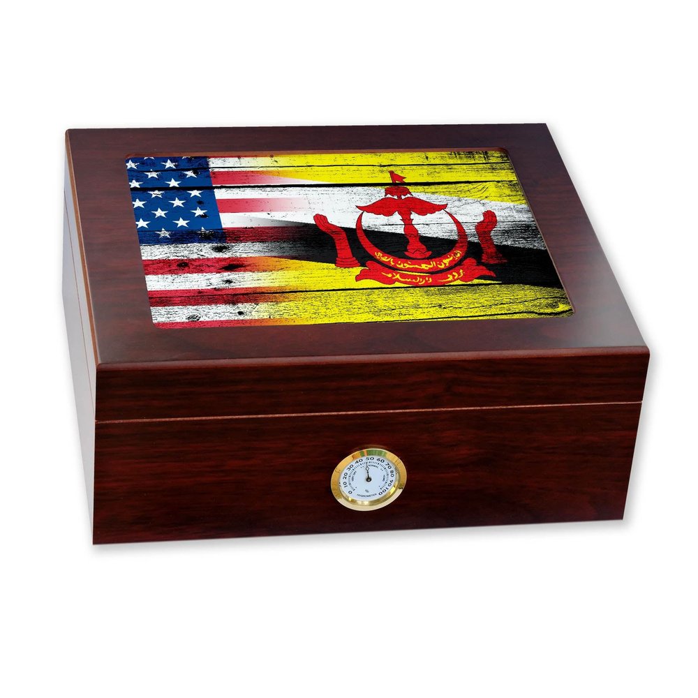 ExpressItBest Premium Desktop Humidor - Glass Top - Flag of Brunei (Bruneian) - Wood with USA Flag - Cedar lined with humidifier & front mounted hygrometer.