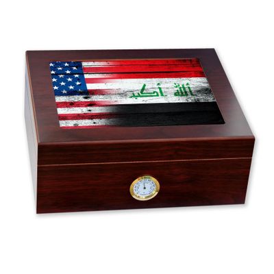 ExpressItBest Premium Desktop Humidor - Glass Top - Flag of Iraq (Iraqi) - Wood with USA Flag - Cedar lined with humidifier & front mounted hygrometer.