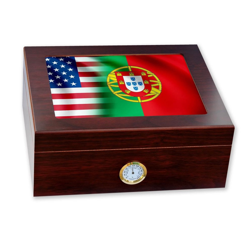 ExpressItBest Premium Desktop Humidor - Glass Top - Flag of Portugal (Portuguese) - Waves with USA Flag - Cedar lined with humidifier & front mounted hygrometer.