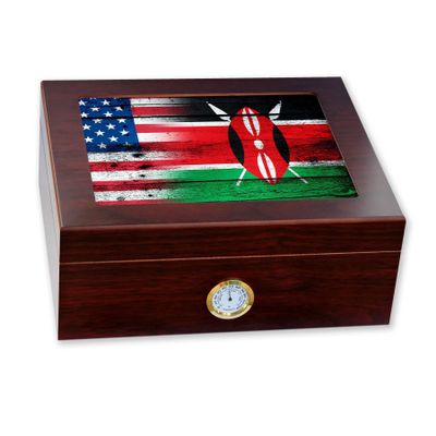ExpressItBest Premium Desktop Humidor - Glass Top - Flag of Kenya (Kenyan) - Wood with USA Flag - Cedar lined with humidifier & front mounted hygrometer.