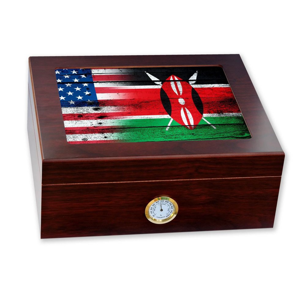 ExpressItBest Premium Desktop Humidor - Glass Top - Flag of Kenya (Kenyan) - Wood with USA Flag - Cedar lined with humidifier & front mounted hygrometer.