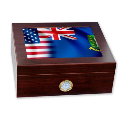 ExpressItBest Premium Desktop Humidor - Glass Top - Flag of Virgin Islands, US - Waves with USA Flag - Cedar lined with humidifier & front mounted hygrometer.