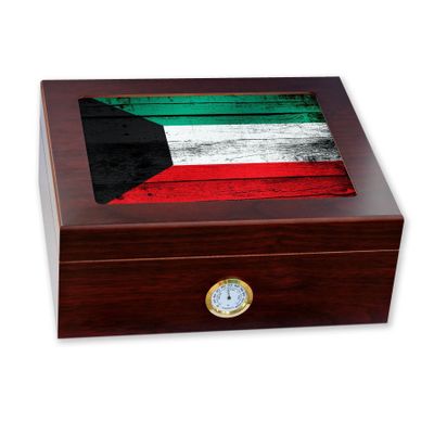 ExpressItBest Premium Desktop Humidor - Glass Top - Flag of Kuwait (Kuwaiti) - Wood Design - Cedar lined with humidifier & front mounted hygrometer.