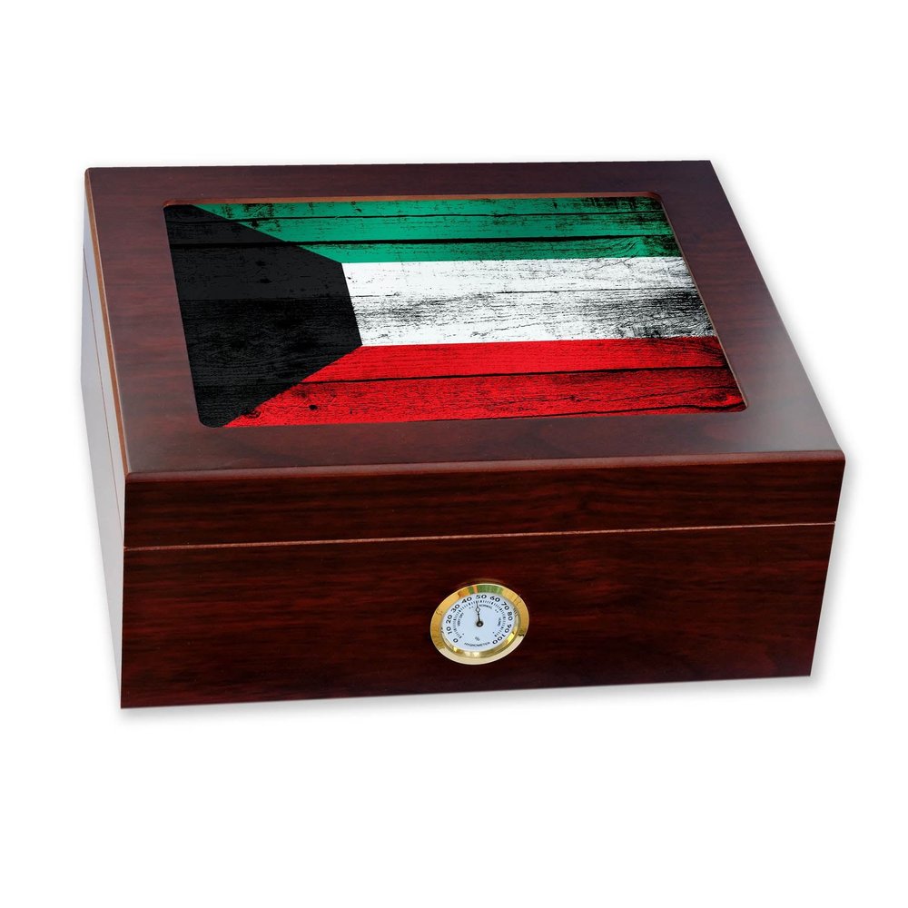 ExpressItBest Premium Desktop Humidor - Glass Top - Flag of Kuwait (Kuwaiti) - Wood Design - Cedar lined with humidifier & front mounted hygrometer.