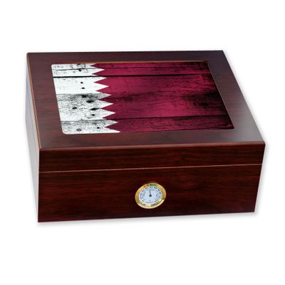 ExpressItBest Premium Desktop Humidor - Glass Top - Flag of Qatar (Qatari) - Wood Design - Cedar lined with humidifier & front mounted hygrometer.