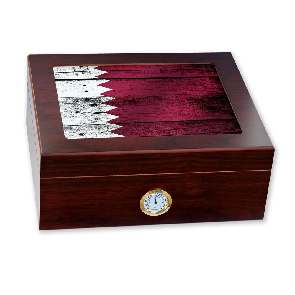ExpressItBest Premium Desktop Humidor - Glass Top - Flag of Qatar (Qatari) - Wood Design - Cedar lined with humidifier & front mounted hygrometer.