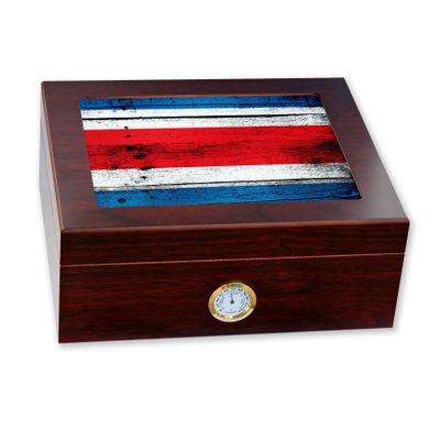 ExpressItBest Premium Desktop Humidor - Glass Top - Flag of Costa Rica (Rican) - Wood Design - Cedar lined with humidifier & front mounted hygrometer.