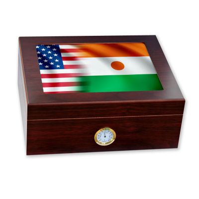 ExpressItBest Premium Desktop Humidor - Glass Top - Flag of Niger (Nigerien) - Waves with USA Flag - Cedar lined with humidifier & front mounted hygrometer.
