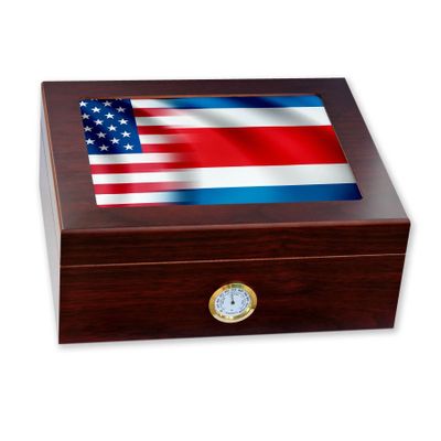 Premium Desktop Humidor - Glass Top - Flag of Costa Rica (Rican) - Waves with USA Flag - Cedar lined with humidifier & front mounted hygrometer.