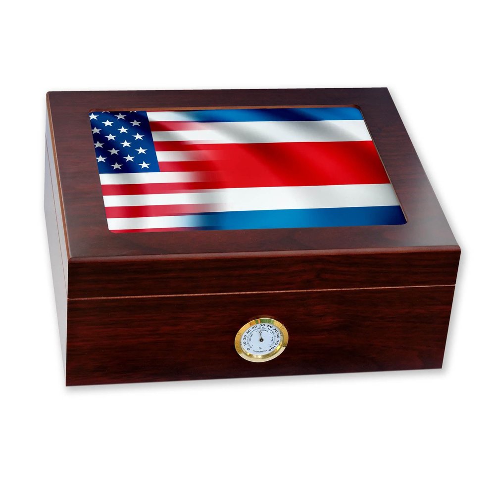 Premium Desktop Humidor - Glass Top - Flag of Costa Rica (Rican) - Waves with USA Flag - Cedar lined with humidifier & front mounted hygrometer.