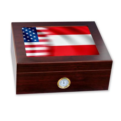 ExpressItBest Premium Desktop Humidor - Glass Top - Flag of Austria (Austrian) - Waves with USA Flag - Cedar lined with humidifier & front mounted hygrometer.