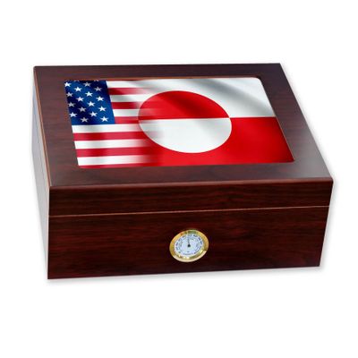 ExpressItBest Premium Desktop Humidor - Glass Top - Flag of Greenland (Greenlander) - Waves with USA Flag - Cedar lined with humidifier & front mounted hygrometer.