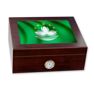 ExpressItBest Premium Desktop Humidor - Glass Top - Flag of Macao (Macanese) - Waves Design - Cedar lined with humidifier & front mounted hygrometer.