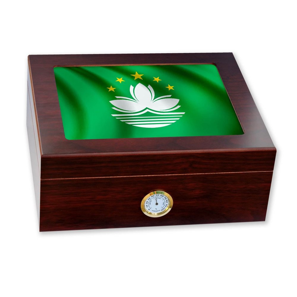 ExpressItBest Premium Desktop Humidor - Glass Top - Flag of Macao (Macanese) - Waves Design - Cedar lined with humidifier & front mounted hygrometer.
