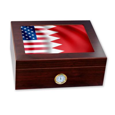 ExpressItBest Premium Desktop Humidor - Glass Top - Flag of Bahrain (Bahraini) - Waves with USA Flag - Cedar lined with humidifier & front mounted hygrometer.