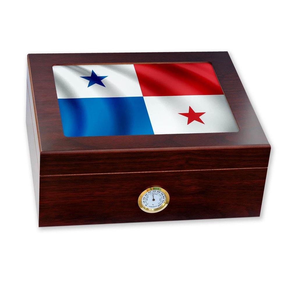 ExpressItBest Premium Desktop Humidor - Glass Top - Flag of Panama (Panamanian) - Waves Design - Cedar lined with humidifier & front mounted hygrometer.