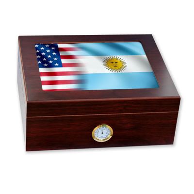 ExpressItBest Premium Desktop Humidor - Glass Top - Flag of Argentina (Argentinian) - Waves with USA Flag - Cedar lined with humidifier & front mounted hygrometer.