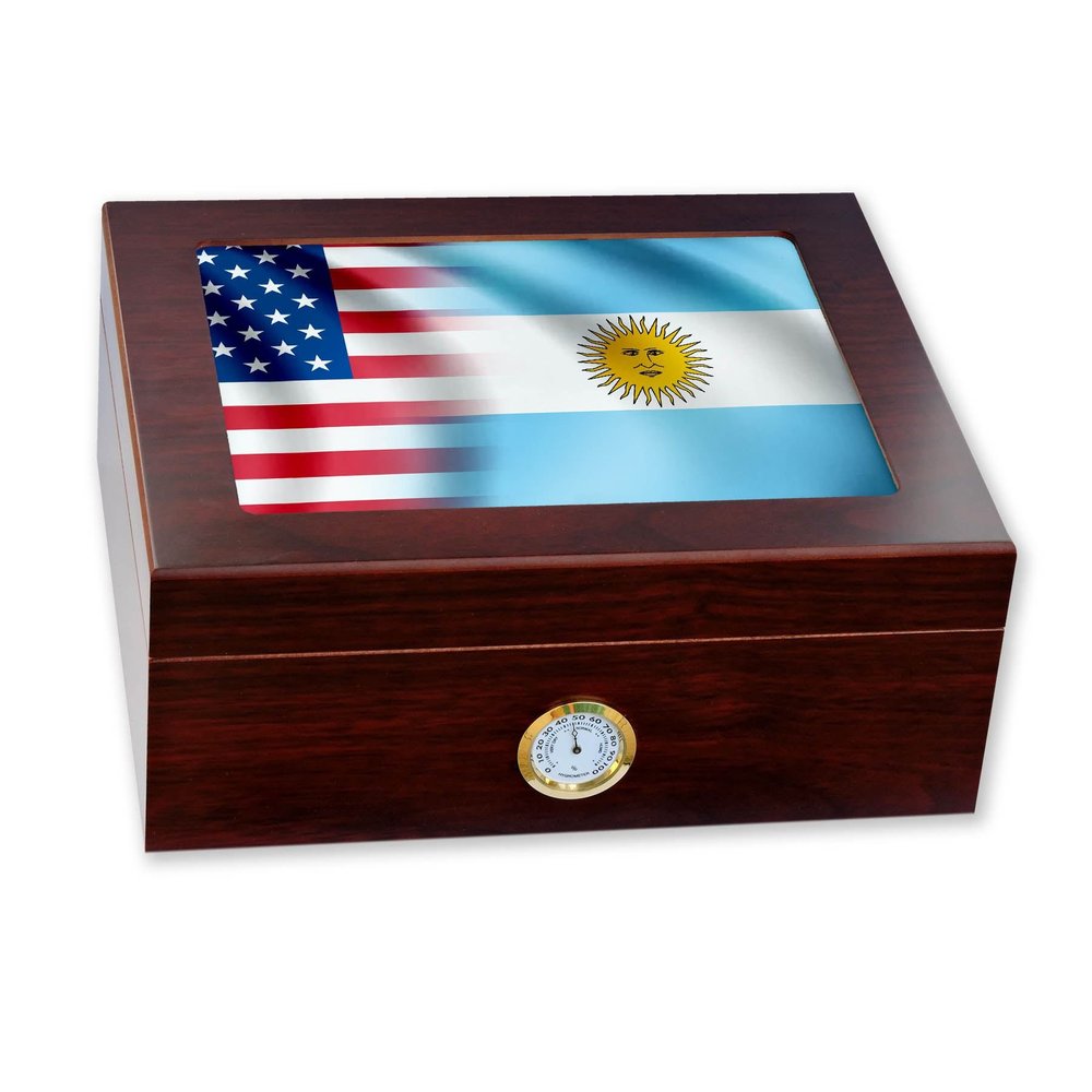 ExpressItBest Premium Desktop Humidor - Glass Top - Flag of Argentina (Argentinian) - Waves with USA Flag - Cedar lined with humidifier & front mounted hygrometer.