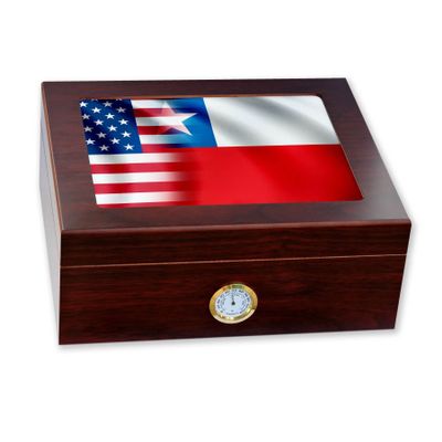 ExpressItBest Premium Desktop Humidor - Glass Top - Flag of Chile (Chilean) - Waves with USA Flag - Cedar lined with humidifier & front mounted hygrometer.