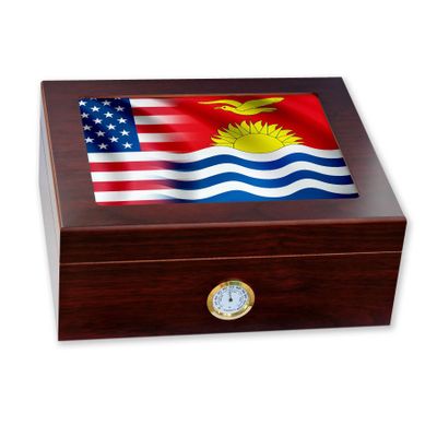 ExpressItBest Premium Desktop Humidor - Glass Top - Flag of Kiribati (Kiribatian) - Waves with USA Flag - Cedar lined with humidifier & front mounted hygrometer.