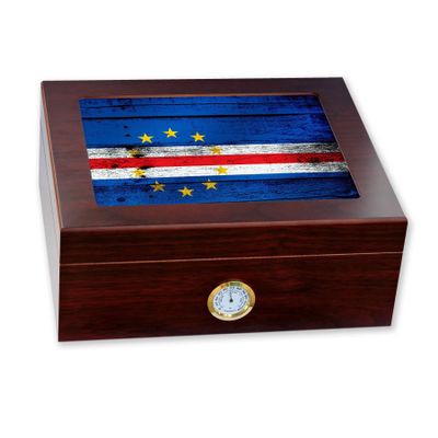 ExpressItBest Premium Desktop Humidor - Glass Top - Flag of Cape Verde (Verdean) - Wood Design - Cedar lined with humidifier & front mounted hygrometer.
