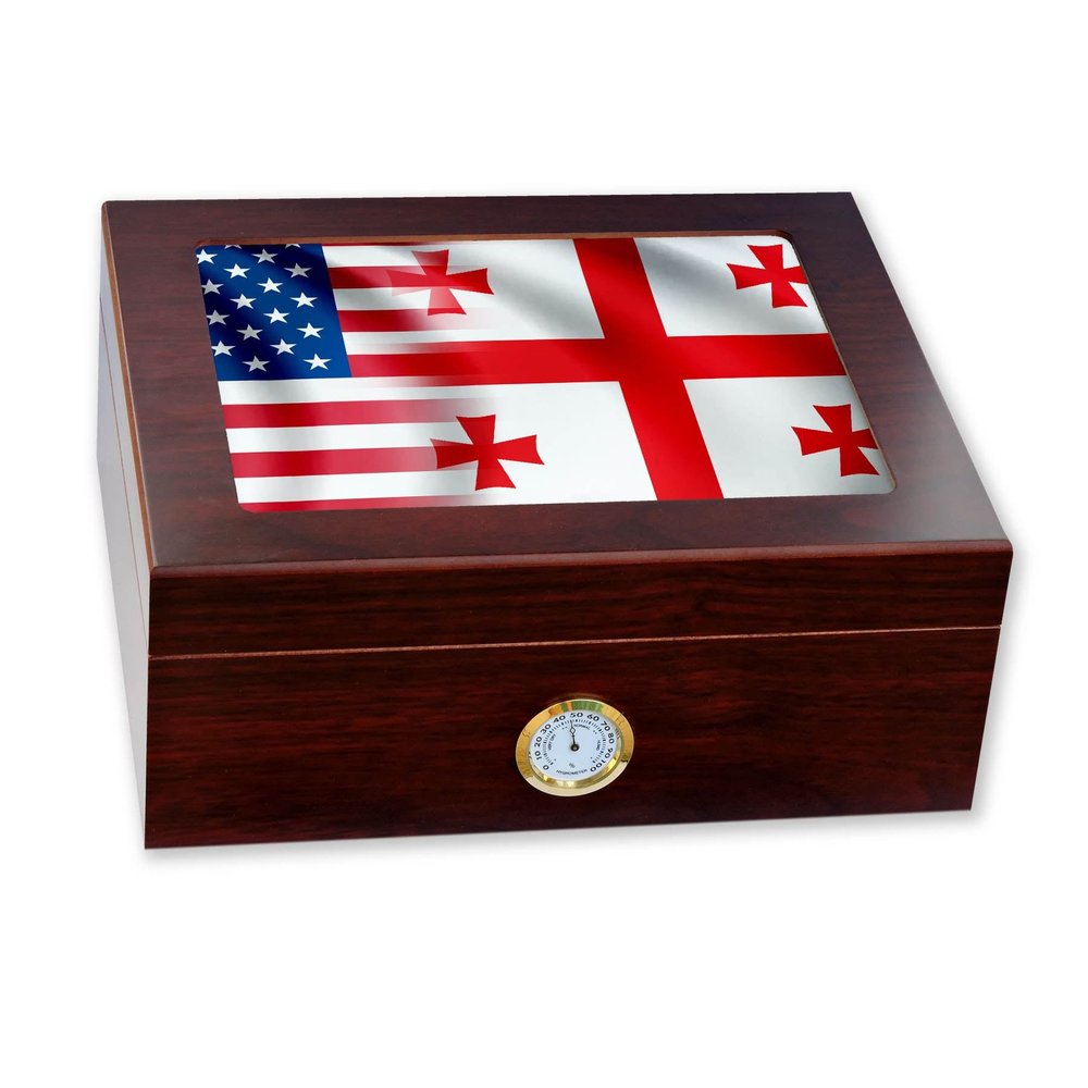 ExpressItBest Premium Desktop Humidor - Glass Top - Flag of Georgia (Georgian) - Waves with USA Flag - Cedar lined with humidifier & front mounted hygrometer.