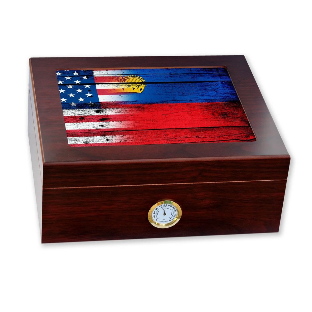 ExpressItBest Premium Desktop Humidor - Glass Top - Flag of Liechtenstein - Wood with USA Flag - Cedar lined with humidifier & front mounted hygrometer.