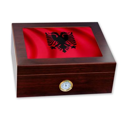 ExpressItBest Premium Desktop Humidor - Glass Top - Flag of Albania (Albanian) - Waves Design - Cedar lined with humidifier & front mounted hygrometer.