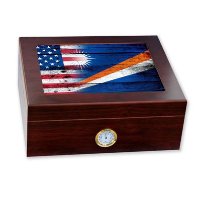 ExpressItBest Premium Desktop Humidor - Glass Top - Flag of Marshall Islands - Wood with USA Flag - Cedar lined with humidifier & front mounted hygrometer.
