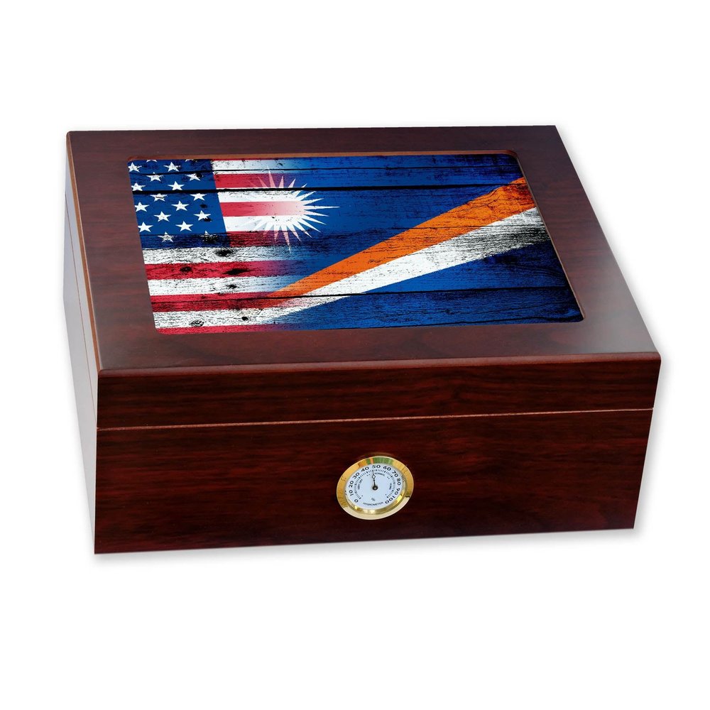 ExpressItBest Premium Desktop Humidor - Glass Top - Flag of Marshall Islands - Wood with USA Flag - Cedar lined with humidifier & front mounted hygrometer.