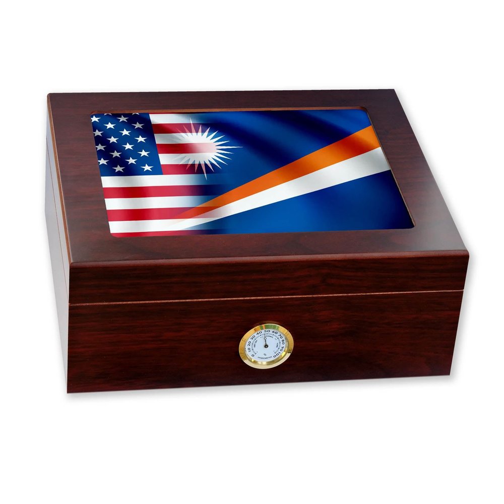 ExpressItBest Premium Desktop Humidor - Glass Top - Flag of Marshall Islands - Waves with USA Flag - Cedar lined with humidifier & front mounted hygrometer.