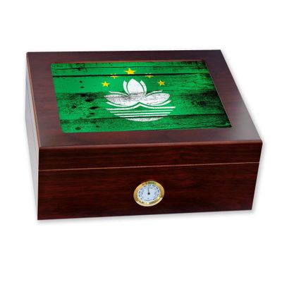 ExpressItBest Premium Desktop Humidor - Glass Top - Flag of Macao (Macanese) - Wood Design - Cedar lined with humidifier & front mounted hygrometer.