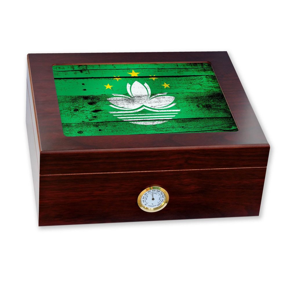 ExpressItBest Premium Desktop Humidor - Glass Top - Flag of Macao (Macanese) - Wood Design - Cedar lined with humidifier & front mounted hygrometer.