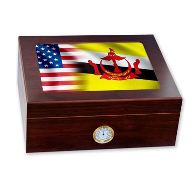 ExpressItBest Premium Desktop Humidor - Glass Top - Flag of Brunei (Bruneian) - Waves with USA Flag - Cedar lined with humidifier & front mounted hygrometer.