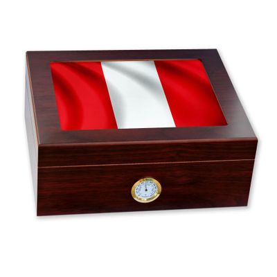 ExpressItBest Premium Desktop Humidor - Glass Top - Flag of Peru (Peruvian) - Waves Design - Cedar lined with humidifier & front mounted hygrometer.
