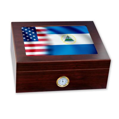 Premium Desktop Humidor - Glass Top - Flag of Nicaragua (Nicaraguan) - Waves with USA Flag - Cedar lined with humidifier & front mounted hygrometer.