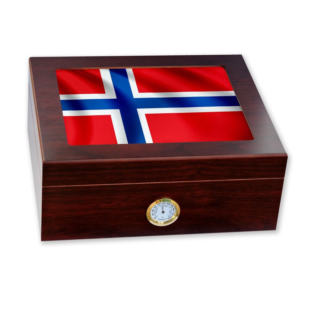 Premium Desktop Humidor - Glass Top - Flag of Norway (Norwegian) - Waves Design - Cedar lined with humidifier & front mounted hygrometer.
